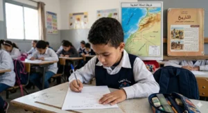 تلميذ يتدرب على منهجية كتابة السؤال المقالي في مادة الاجتماعيات استعداداً للامتحان الجهوي بالمغرب.