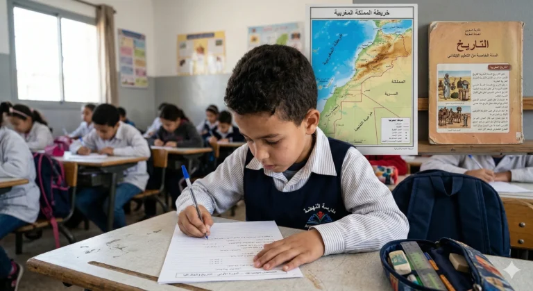 تلميذ يتدرب على منهجية كتابة السؤال المقالي في مادة الاجتماعيات استعداداً للامتحان الجهوي بالمغرب.